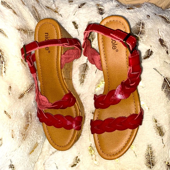 Nicole Braided Red Platform Heel Cork Sandals - Picture 4 of 13